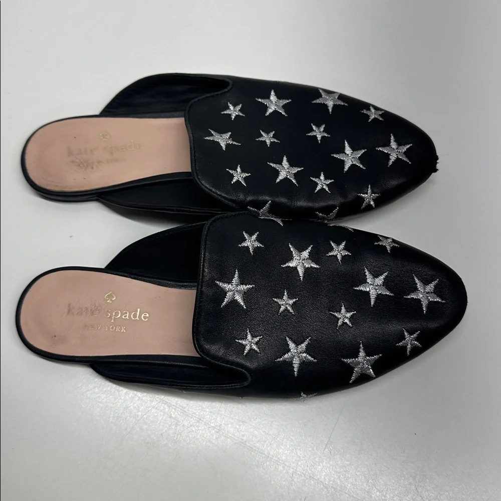 Kate Spade Mules Slides Leather Shoes Stars Embroidered Slip On Silver Black 6